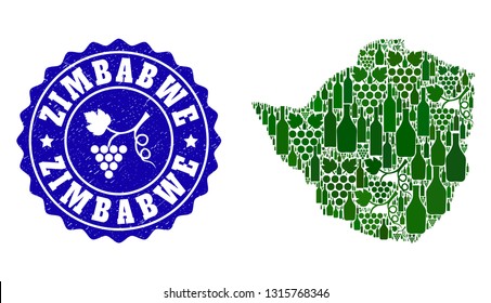 Vector collage of wine map of Zimbabwe and grape grunge seal. Map of Zimbabwe collage designed with bottles and grape berries bunches.