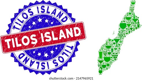 Vector collage of wine Masirah Island map with grunge bicolor Tilos Island seal stamp. Red and blue bicolored badge with grunge style and Tilos Island word.