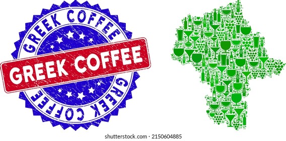 Vector collage of wine Masovian Voivodeship map with grunge bicolor Greek Coffee seal stamp. Red and blue bicolored stamp with distress style and Greek Coffee word.