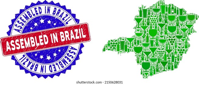 Vector collage of wine Minas Gerais State map with grunge bicolor Assembled in Brazil stamp. Red and blue bicolored stamp with grunge style and Assembled in Brazil caption.