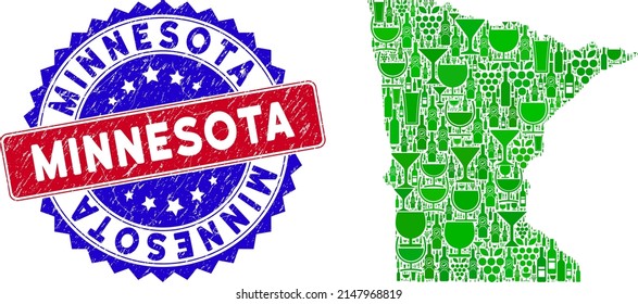 Vector collage of wine Minnesota State map and grunge bicolor Minnesota seal stamp. Red and blue bicolored watermark with grunge texture and Minnesota tag.