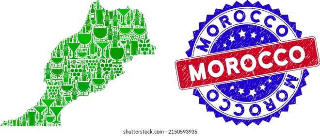 Vector collage of wine Morocco map with grunge bicolor Morocco seal stamp. Red and blue bicolored imprint with grunge texture and Morocco word. Morocco map collage composed with wine cups,