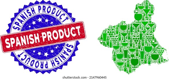Vector collage of wine Murcia Province map with grunge bicolor Spanish Product seal. Red and blue bicolored stamp with grunge style and Spanish Product slogan.