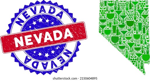 Vector collage of wine Nevada State map with grunge bicolor Nevada stamp. Red and blue bicolored stamp with rubber style and Nevada caption. Nevada State map collage is created with wine glasses,