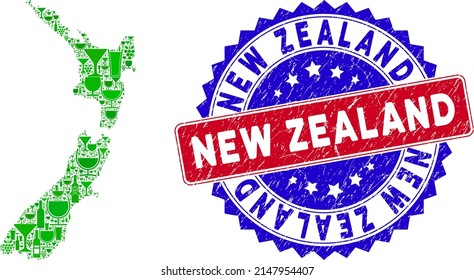 Vector collage of wine New Zealand map with grunge bicolor New Zealand seal stamp. Red and blue bicolored badge with grunge texture and New Zealand caption.