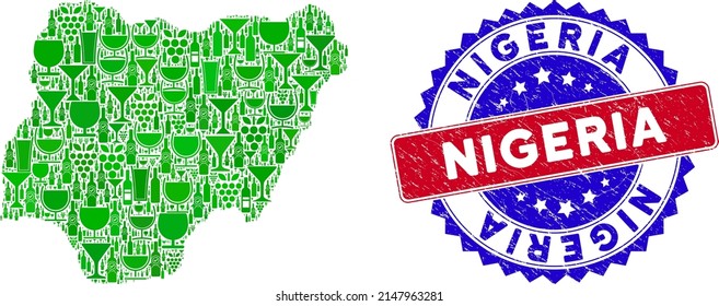 Vector collage of wine Nigeria map with grunge bicolor Nigeria stamp. Red and blue bicolored stamp with scratched style and Nigeria tag. Nigeria map collage is created with wine cups,