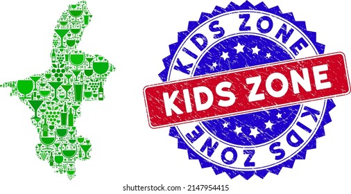 Vector collage of wine Ningxia Hui Region map and grunge bicolor Kids Zone stamp. Red and blue bicolored stamp with distress texture and Kids Zone phrase.