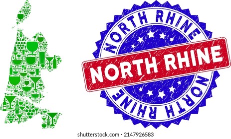 Vector collage of wine North Holland map and grunge bicolor North Rhine seal stamp. Red and blue bicolored seal with unclean style and North Rhine text.