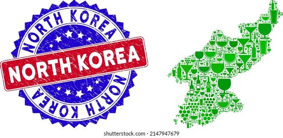 Collage vectorial del mapa de Corea del Norte con sello de foca de Corea del Norte bicolor. Sello bicolores rojo y azul con textura corroída y leyenda de Corea del Norte.