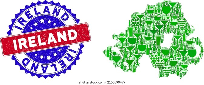 Vector collage of wine Northern Ireland map with grunge bicolor Ireland seal. Red and blue bicolored watermark with rubber style and Ireland phrase.