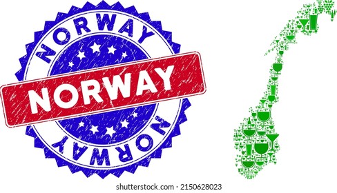 Vector collage of wine Norway map and grunge bicolor Norway seal stamp. Red and blue bicolored imprint with grunge texture and Norway phrase. Norway map collage is formed with wine glasses,