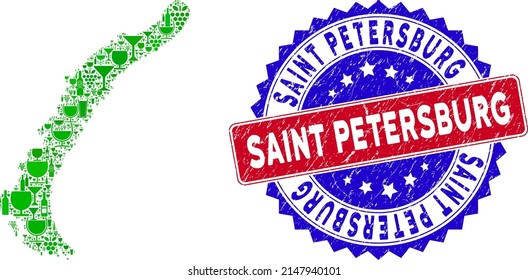 Vector collage of wine Novaya Zemlya Islands map and grunge bicolor Saint Petersburg seal stamp. Red and blue bicolored seal with grunge surface and Saint Petersburg word.