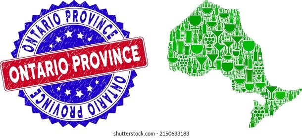Vector collage of wine Ontario Province map with grunge bicolor Ontario Province seal. Red and blue bicolored seal with grunge style and Ontario Province caption.