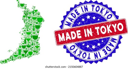 Vector collage of wine Osaka Prefecture map with grunge bicolor Made in Tokyo seal. Red and blue bicolored seal with grunge surface and Made in Tokyo caption.