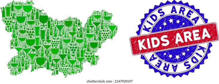 Vector collage of wine Ourense Province map with grunge bicolor Kids Area seal stamp. Red and blue bicolored seal with grunge surface and Kids Area tag.