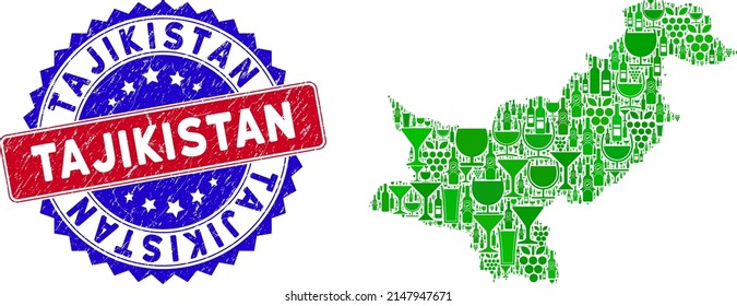 Vektorgrafik von Wein Pakistan Karte und Grunge bicolor Tadschikistan Siegel-Stempel. Rote und blaue, bicfarbene Robbe mit Notgefühl und Tadschikistan Wort. Pakistanische Kartencollagen werden mit Weinbechern erstellt.