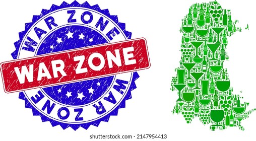 Vector collage of wine Palencia Province map and grunge bicolor War Zone seal. Red and blue bicolored seal with grunge surface and War Zone phrase.