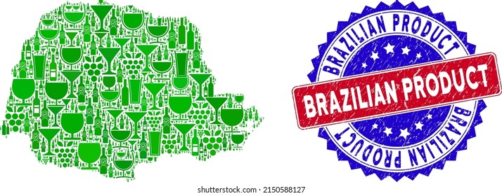 Vector collage of wine Parana State map and grunge bicolor Brazilian Product stamp. Red and blue bicolored stamp with grunge style and Brazilian Product word.