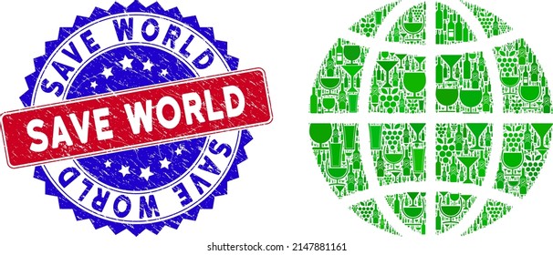 Vektorgrafik von Wein Planeten Globus und Grunge bicolor Save World Siegel. Rote und blaue, bicfarbene Robbe mit gekratztem Stil und Save World Caption. mit Weinbechern erstellte globale Kollektion,