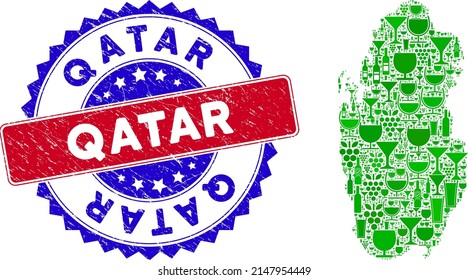 Vector collage of wine Qatar map and grunge bicolor Qatar seal stamp. Red and blue bicolored watermark with grunge texture and Qatar caption. Qatar map collage is created with wine cups,