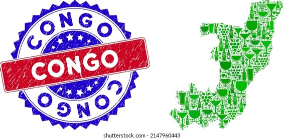 Collage vectorial del mapa del vino de la República del Congo y estampado negro bicolor del Congo. Marca de agua bicolores roja y azul con estilo grunge y texto Congo.