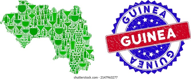 Collage vectorial del mapa de la República de Guinea con el sello de Guinea bicolor. Marca de agua azul y roja con estilo de angustia y pie de foto de Guinea.