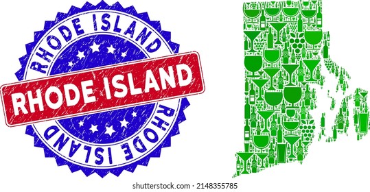 Collage vectorial del mapa del estado de la isla Rhode y del sello de la isla Rhode bicolor. Sello bicolor rojo y azul con estilo grunge y palabra de Rhode Island.