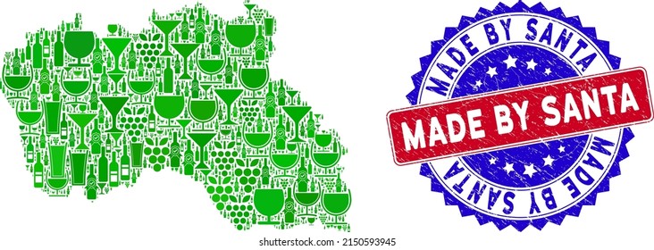 Vector collage of wine Santa Maria Island map and grunge bicolor Made by Santa seal. Red and blue bicolored imprint with grunge texture and Made by Santa slogan.