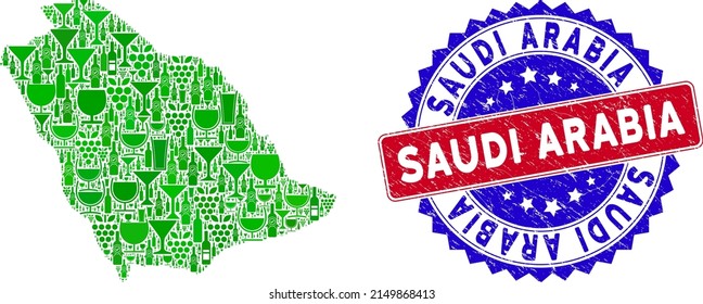 Collage de vectores del mapa del vino de Arabia Saudita y el sello de sello de sello de Arabia Saudita bicolor grunge. Sello bicolores rojo y azul con superficie de goma y pie de foto de Arabia Saudita.