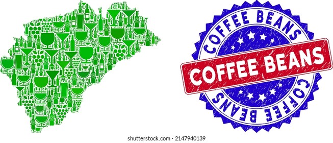 Vector collage of wine Segovia Province map with grunge bicolor Coffee Beans stamp. Red and blue bicolored stamp with grunge texture and Coffee Beans text.
