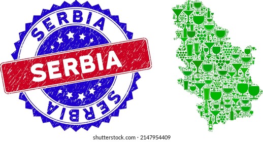 Collage vectorial del mapa del vino Serbia y el estampado bicolor de grunge de Serbia. Sello bicolorado rojo y azul con textura de caucho y frase serbia. El collage de mapas de Serbia se forma con vasos de vino,
