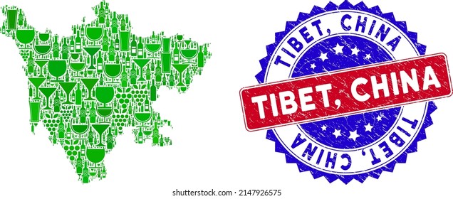 Vector collage of wine Sichuan Province map with grunge bicolor Tibet, China seal. Red and blue bicolored seal with grunge texture and Tibet, China phrase.