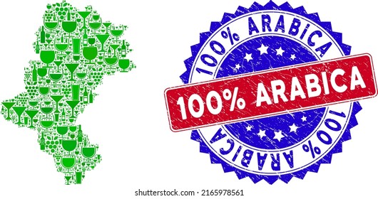 Vektorgrafik von Wein Schlesischer Voivodeship Karte und Grunge bicolor 100% Arabica Siegel Stempel. Rote und blaue bicfarbene Robbe mit kratzter Textur und 100% Arabica Slogan.
