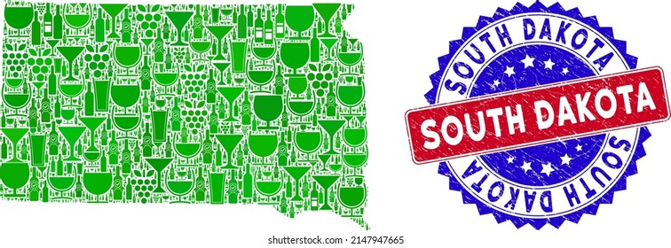 Vector collage of wine South Dakota State map with grunge bicolor South Dakota seal stamp. Red and blue bicolored seal with rubber surface and South Dakota text.