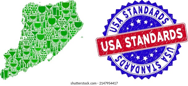 Vector collage of wine Staten Island map and grunge bicolor USA Standards stamp. Red and blue bicolored seal with grunge texture and USA Standards caption.