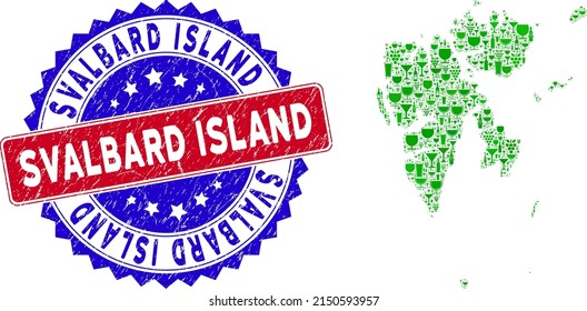 Vector collage of wine Svalbard Island map with grunge bicolor Svalbard Island stamp. Red and blue bicolored stamp with scratched style and Svalbard Island phrase.