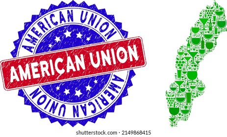 Vector collage of wine Sweden map and grunge bicolor American Union seal stamp. Red and blue bicolored stamp with unclean texture and American Union tag. Sweden map collage is designed with wine cups,