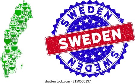 Vector collage of wine Sweden map with grunge bicolor Sweden seal stamp. Red and blue bicolored stamp with grunge texture and Sweden slogan. Sweden map collage is created with wine cups,
