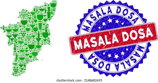 Vektorcollage des Weins Tamil Nadu State Karte und Grunge bicolor Masala Dosa Stempel. Roter und blauer, bicfarbener Abdruck mit Grunge-Textur und Masala Dosa Bildunterschrift.