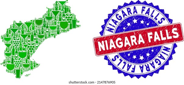 Vector collage of wine Tarragona Province map and grunge bicolor Niagara Falls seal. Red and blue bicolored seal with corroded texture and Niagara Falls phrase.