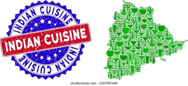 Vector collage of wine Telangana State map with grunge bicolor Indian Cuisine seal stamp. Red and blue bicolored badge with grunge surface and Indian Cuisine slogan.