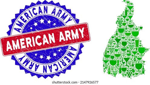 Vector Collage Of Wine Tocantins State Map With Grunge Bicolor American Army Seal. Red And Blue Bicolored Stamp With Grunge Style And American Army Text.