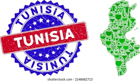 Vector collage of wine Tunisia map and grunge bicolor Tunisia seal stamp. Red and blue bicolored stamp with corroded texture and Tunisia slogan. Tunisia map collage composed with wine cups,