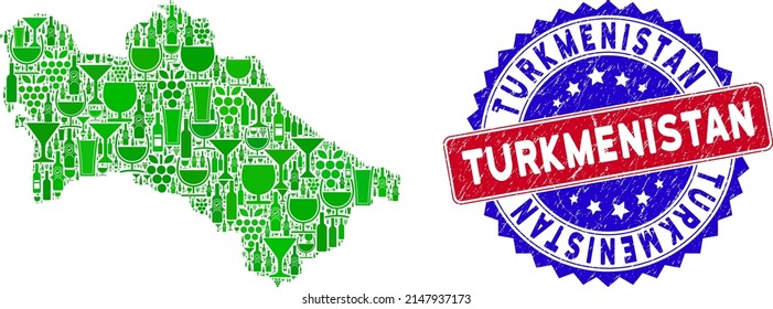 Vector collage of wine Turkmenistan map with grunge bicolor Turkmenistan seal stamp. Red and blue bicolored seal with grunge texture and Turkmenistan word.