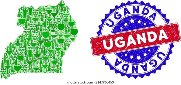 Vector collage of wine Uganda map with grunge bicolor Uganda seal stamp. Red and blue bicolored stamp with unclean style and Uganda tag. Uganda map collage formed with wine glasses,