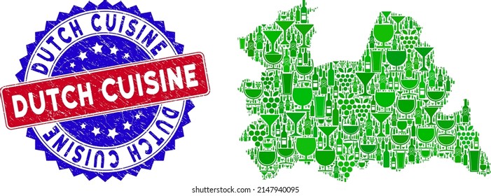 Collage vectorial del mapa de la provincia de Utrecht con sello de cocina holandesa bicolor. Sello bicolores rojo y azul con textura de caucho y etiqueta de cocina holandesa.