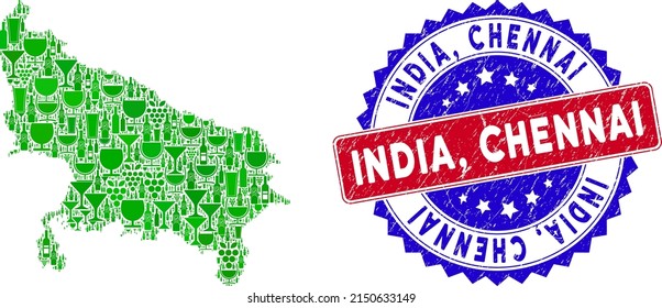 Collage vectorial del mapa del estado de Uttar Pradesh y el bicolor negro de la India, foca de Chennai. Impresión bicolor roja y azul con estilo rayado e India, leyenda de Chennai.