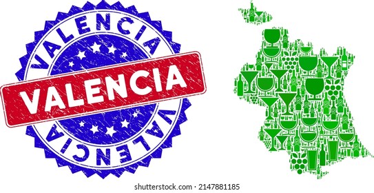 Vector collage of wine Valencia Province map with grunge bicolor Valencia stamp. Red and blue bicolored stamp with grunge texture and Valencia word.