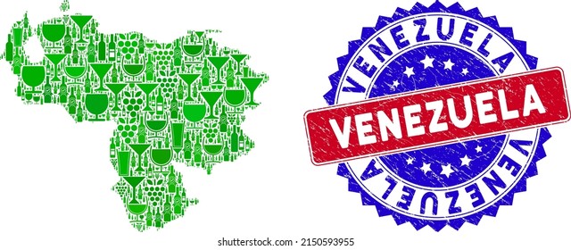 Vector collage of wine Venezuela map and grunge bicolor Venezuela seal stamp. Red and blue bicolored stamp with scratched style and Venezuela phrase. Venezuela map collage created with wine cups,