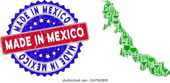 Collage vectorial del mapa del estado de Veracruz y bicolor grunge Hecho en México sello de sellado. Sello bicolor rojo y azul con textura corroída y eslogan Hecho en México.